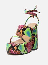 Snakeskin Platform Lace-Up Round-Toe Flared Chunky Heel Sandals For Women